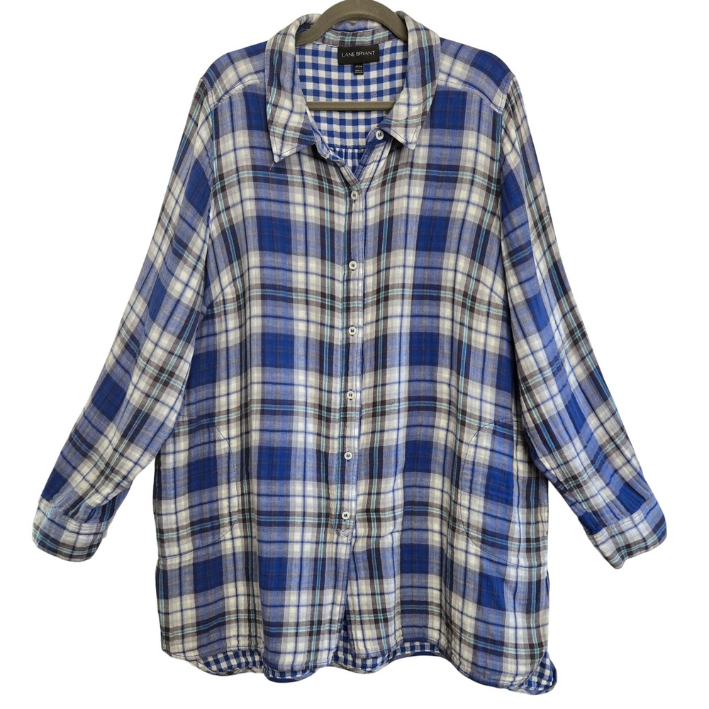Lane Bryant Granola Girl Blue Plaid Button Front Tunic Shirt Pockets  22/24